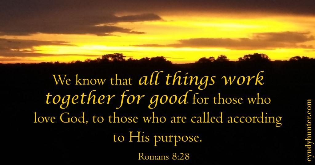Romans 8:28 on a sunset background.